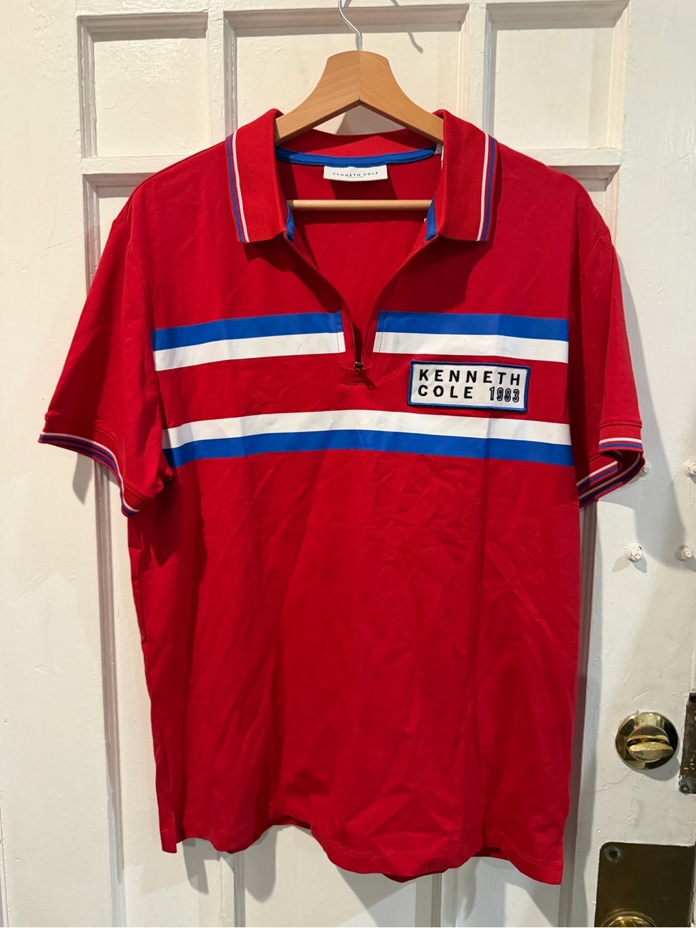 Kenneth Cole Red Polo Shirt with Blue & White Stripes